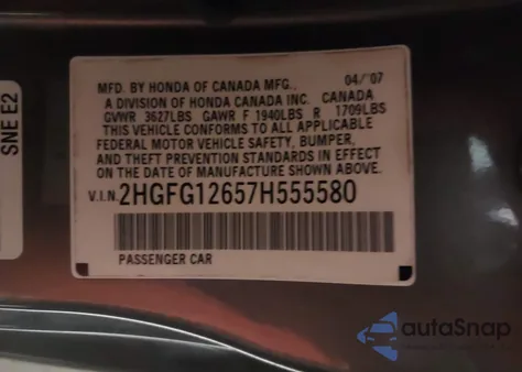 2007 Honda Civic Lx from USA, damaged, VIN 2HGFG12657H555580